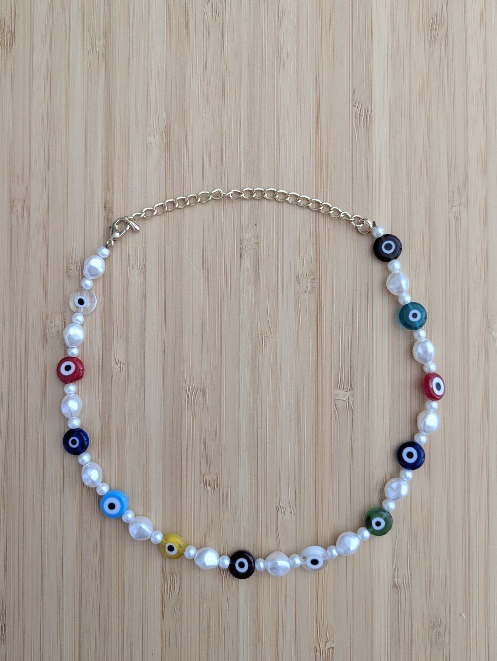 Funky Faux Pearl Beaded Necklace with Multicolor Evil Eye Accents